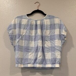 Madewell Blue Gingham Linen Blend Tie Back Wrap Top Women's Size XS